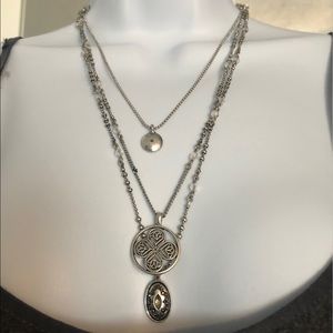 Triple stranded silver and beaded necklace